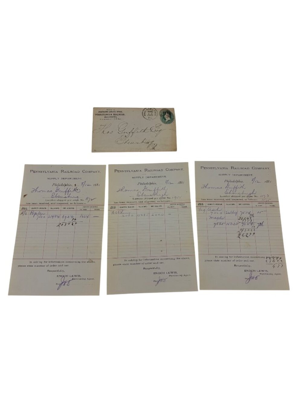 1881 Pennsylvania Railroad Supply Forms Lumber Inspection Ebensburg PA Lot